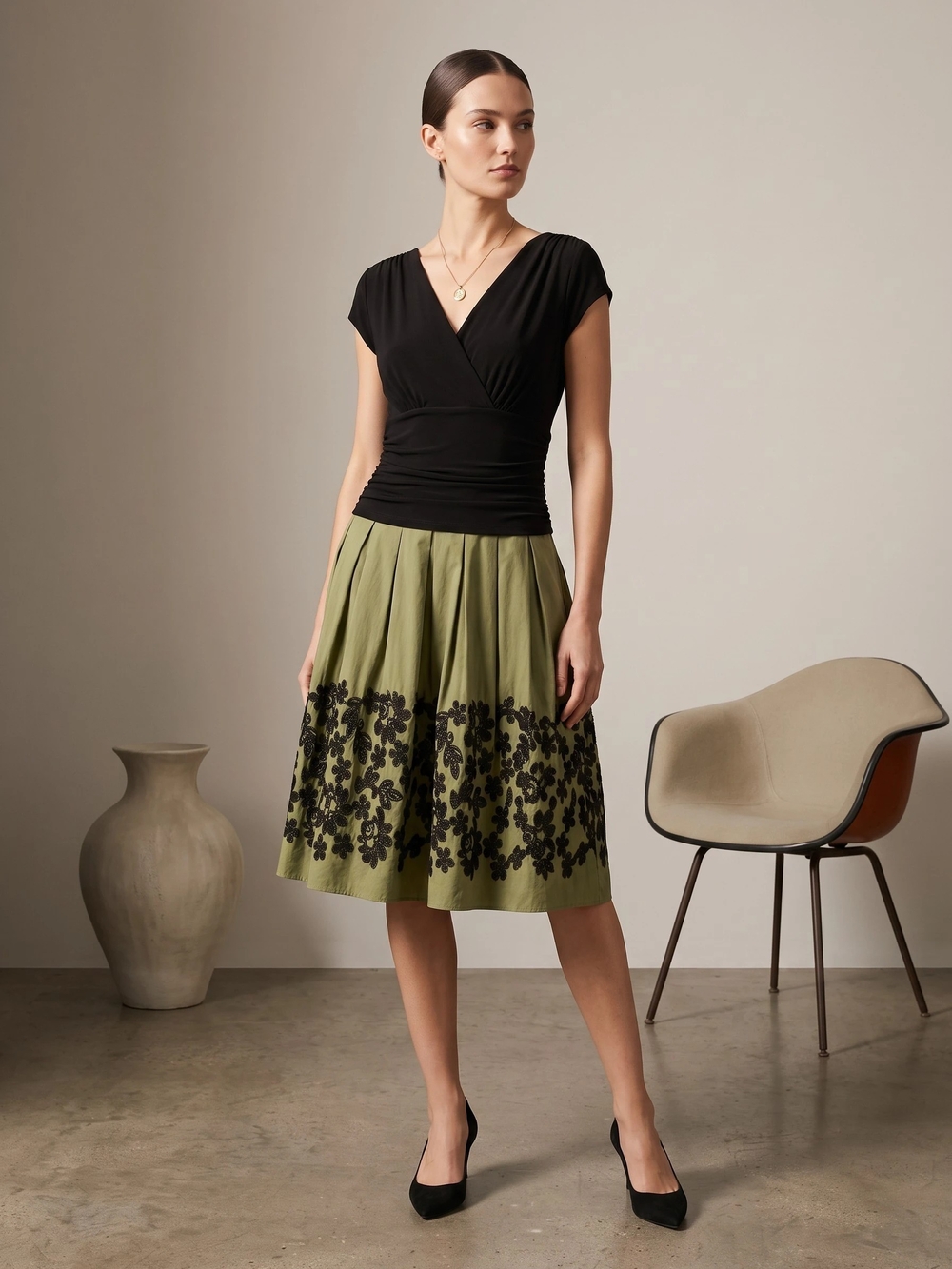 S.L. Fashions Faux-Wrap Embroidered Fit & Flare Dress - Size 14